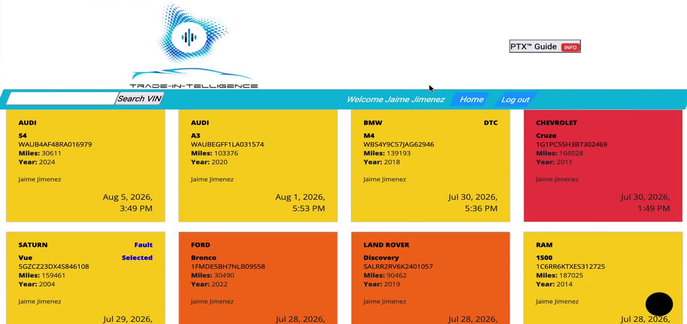 Trade-In-Telligence dashboard with vehicle cards and Search VIN control